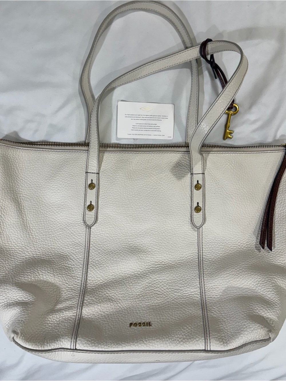 Fossill Jenna Coconut Color Pebble Leather Tote Handbag Purse Key Charm Rawhide
